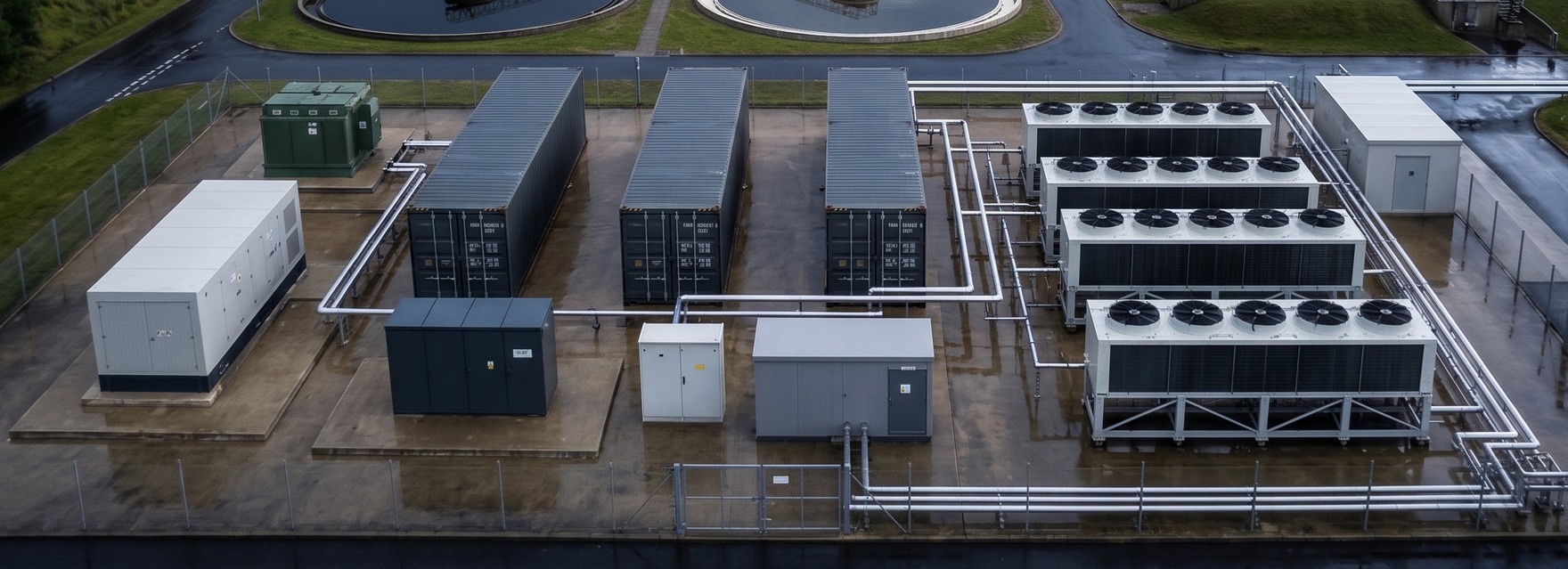 A MicroLink pod set installed at a wastewater treatment works, three containerised modules with dry coolers and interconnecting pipework, treatment tanks beyond