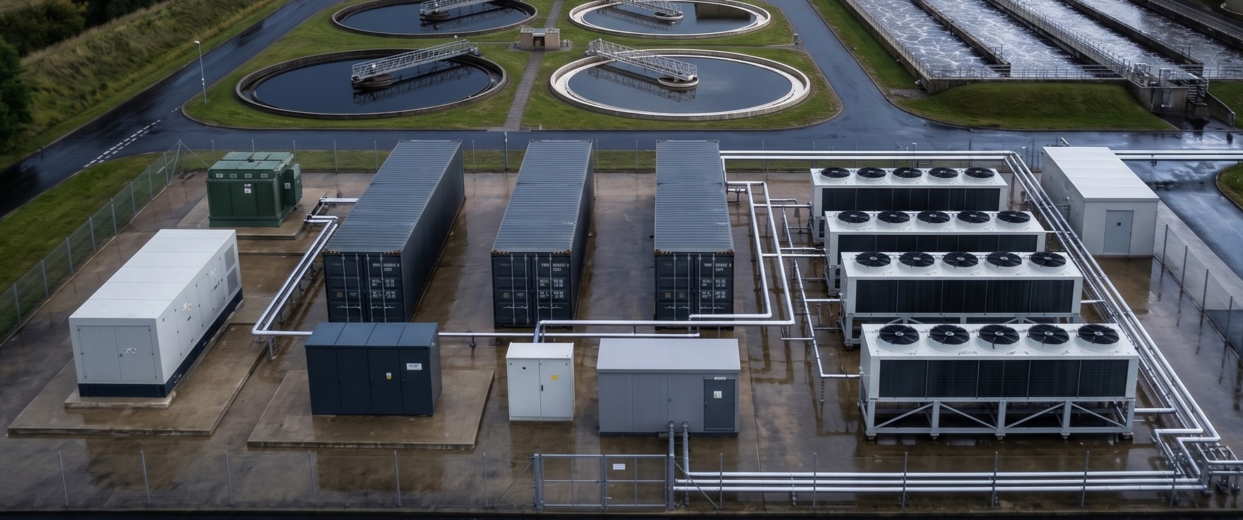 A MicroLink pod set installed at a wastewater treatment works, three containerised modules with dry coolers and interconnecting pipework, with the treatment tanks and settling basins beyond